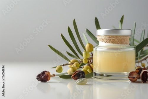 High-quality promotional image showcasing jojoba oil and a cream jar, ideal for cosmetic advertising and skincare product marketing. Generative AI photo