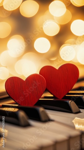 Red hearts sit on piano keys with soft golden bokeh in background during roma...