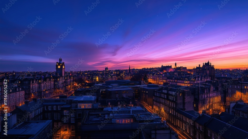 Fototapeta premium Cityscape sunset, purple sky, illuminated buildings.