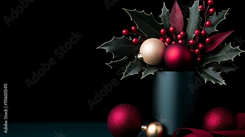 Close-up of a Traditional Christmas Wreath Decorated with Red Berries and Ornaments, Perfect for Seasonal Decorating and Festive Celebrations photo