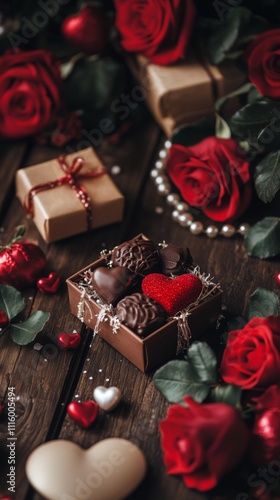 Romantic gift arrangement featuring red roses and heart shaped chocolates for...