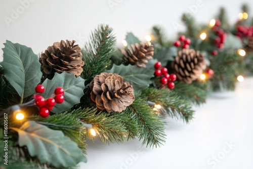 Elegant holiday garland with pine cones and berries illuminated by warm lights