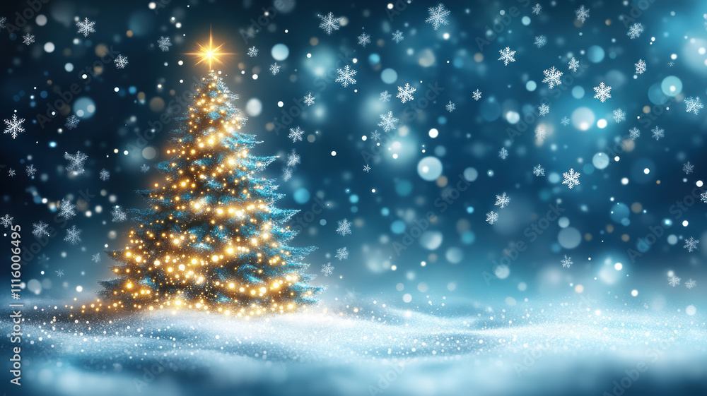 Illuminated Christmas tree with snowflake background Illuminated Christmas tree with snowflake background