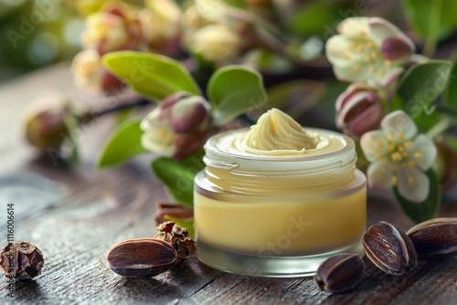 Jojoba oil with a jar of hand cream for skincare advertising, showcasing the moisturizing and nourishing benefits for healthy skin. Generative AI photo