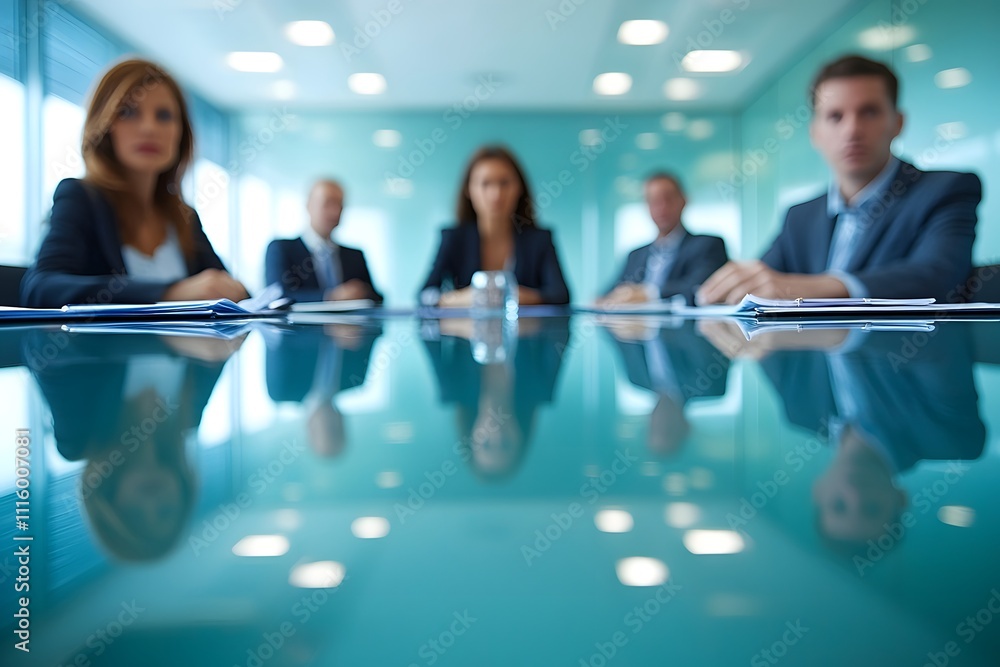 custom made wallpaper toronto digitalBoardroom Deliberation: A low-angle perspective of a serious business meeting, showcasing a polished boardroom table reflecting the attendees' focused expressions.