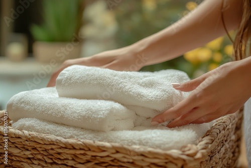 Soft white towels neatly arranged in a basket at a serene spa environment