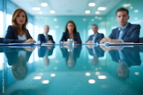Boardroom Deliberation: A low-angle perspective of a serious business meeting, showcasing a polished boardroom table reflecting the attendees' focused expressions.