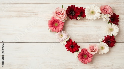 Heart shaped floral arrangement on a wooden background for celebration or dec...