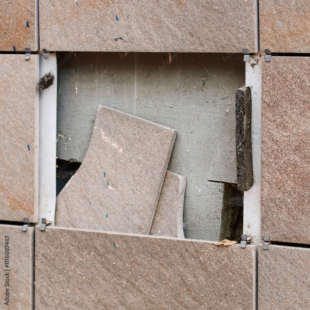 Broken exterior wall with missing tiles close-up, damage and need for construction repair. Exterior building facade with broken tiles, facade damage. Selective focus.