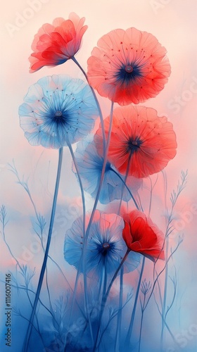 Vibrant flowers in soft hues of blue and orange with delicate details and gra...