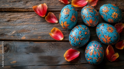 Colorful decorated eggs with flower patterns and petals on rustic wood surface