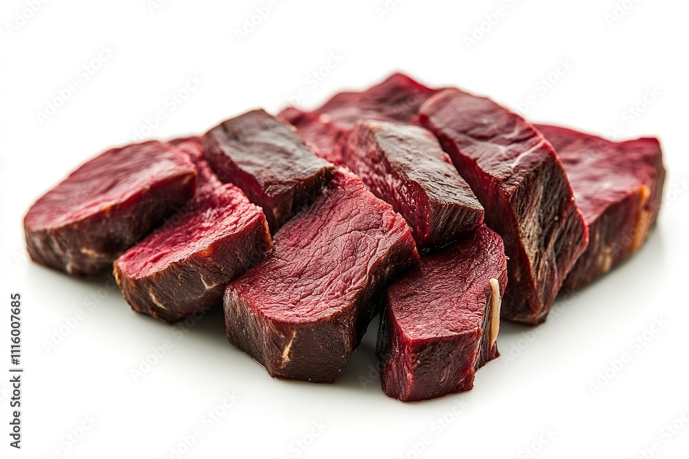 Obraz premium A close-up of a juicy, red-sliced venison steak isolated on white background. Generative Ai