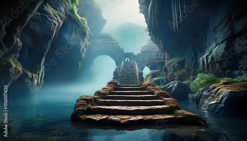 a stone staircase leads to a mysterious cave entrance carved into a cliff face surrounded by mist and water