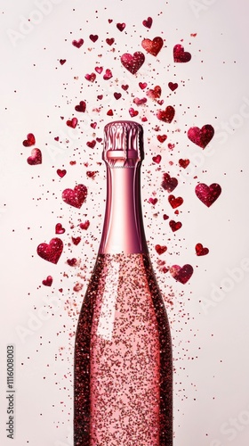 Sparkling rose wine bottle surrounded by heart shaped decorations for a roman...