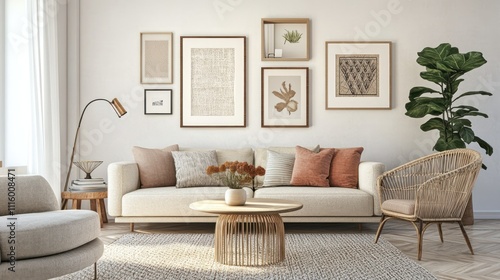 Modern living room with beige sofa, gallery wall, and rattan chair.