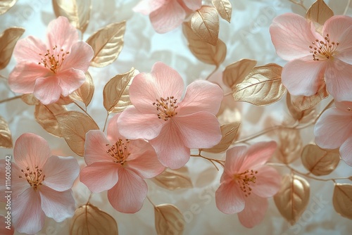 Pink flowers and golden leaves create a serene backdrop for spring decor or a...