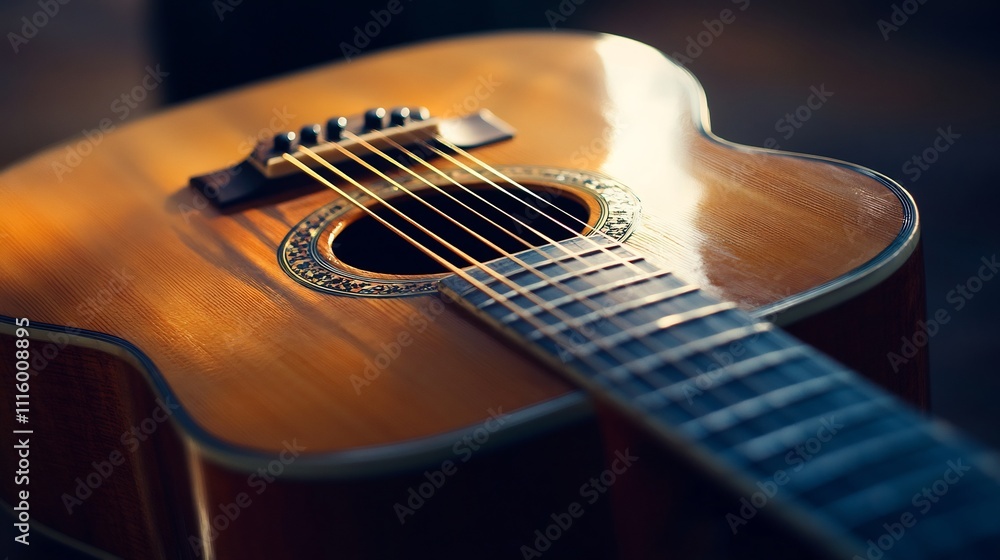 Fototapeta premium Close-up View of an Acoustic Guitar in Warm Light