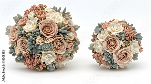 Exquisite handcrafted sola wood flower bouquets in blush pink and dusty grey, perfect for weddings or special events.  A large and small bouquet are shown. photo