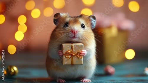 Cute hamster holding a tiny cupcake with a lit candle against a blurred light...