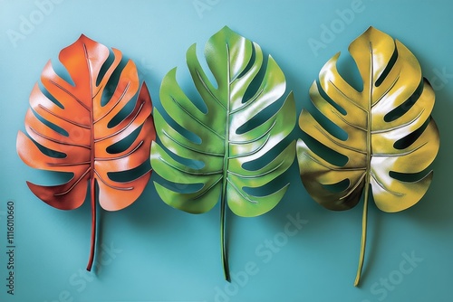 Colorful tropical leaves arranged in a decorative display on a white background