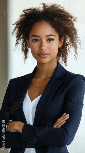 Confident woman with curly hair in professional attire poses indoors during d...