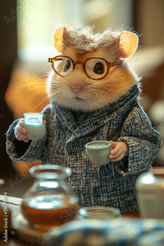 Hamster wearing a scientista??s lab coat and glasses, mixing potions photo