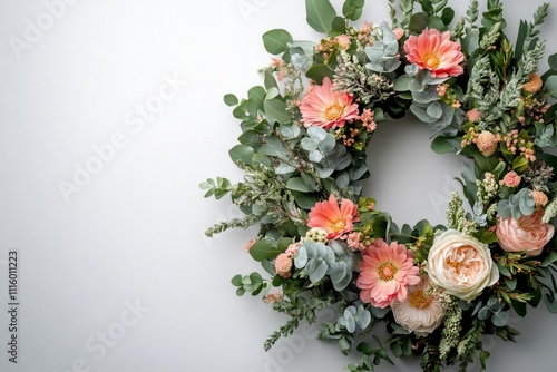 Floral wreath with assorted flowers and greenery perfect for home decoration