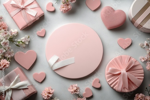 Creative layout with pink gifts and flowers for a special celebration occasion