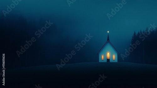 Serene church illuminated at dusk in a misty forest landscape