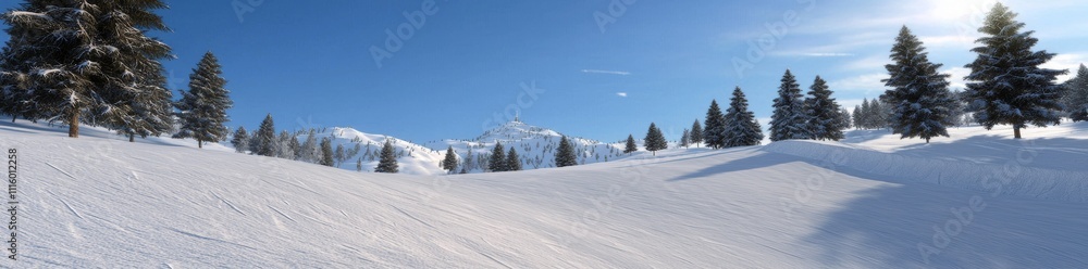 Fototapeta premium View of snow-capped mountains in Europe, stunning winter mountain scenery. Ski slopes, Alpine mountains, landscapes for cross-country skiing in the winter.