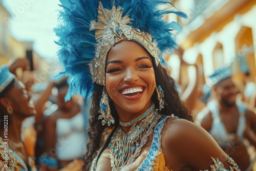 Joyful dancer wearing vibrant costume during cultural celebration in historic...