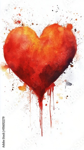 Red watercolor heart art with splashes and stains on a white background