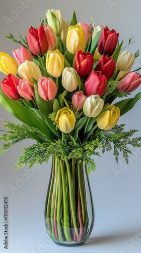Colorful tulip bouquet in a textured vase placed on a simple table