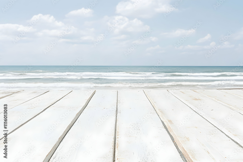 Obraz premium Serene beach scene with whitewashed wooden planks in the foreground, perfect for summer product displays or travel-themed designs.