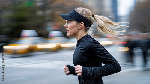 femme blonde de profil faisant un jogging dans les rues de NYC en tenue noire photo