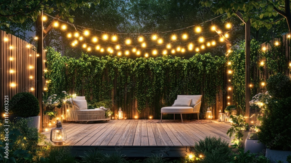 Obraz premium A cozy outdoor space with string lights, greenery, and seating for relaxation.