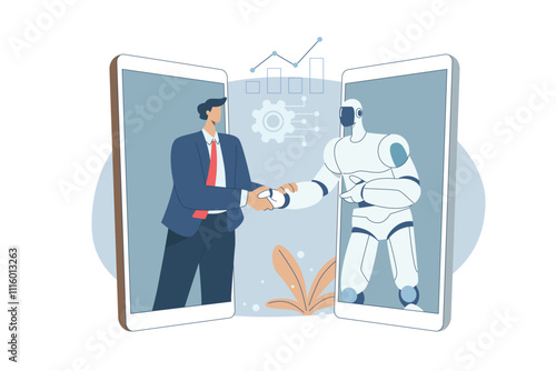 Businessman and robot handshake on smartphone screen, Robotic and human shaking hands, Online collaboration between humans and artificial intelligence, Technological advancement, vector design.