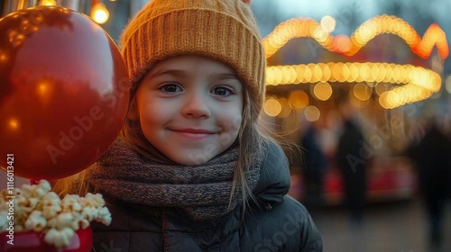 Young girl enjoys fun party with popcorn and balloons surrounded by friends a...