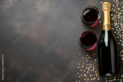 Celebration with sparkling wine and festive decorations on a dark surface