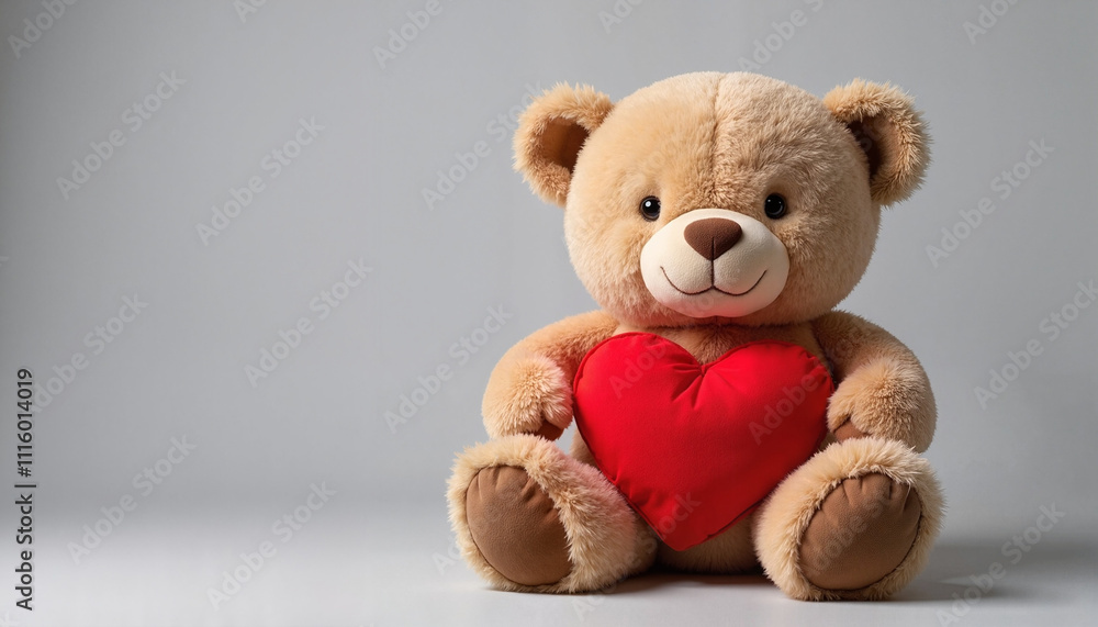 Teddy bear holding red heart on gray background Teddy bear holding red heart on gray background