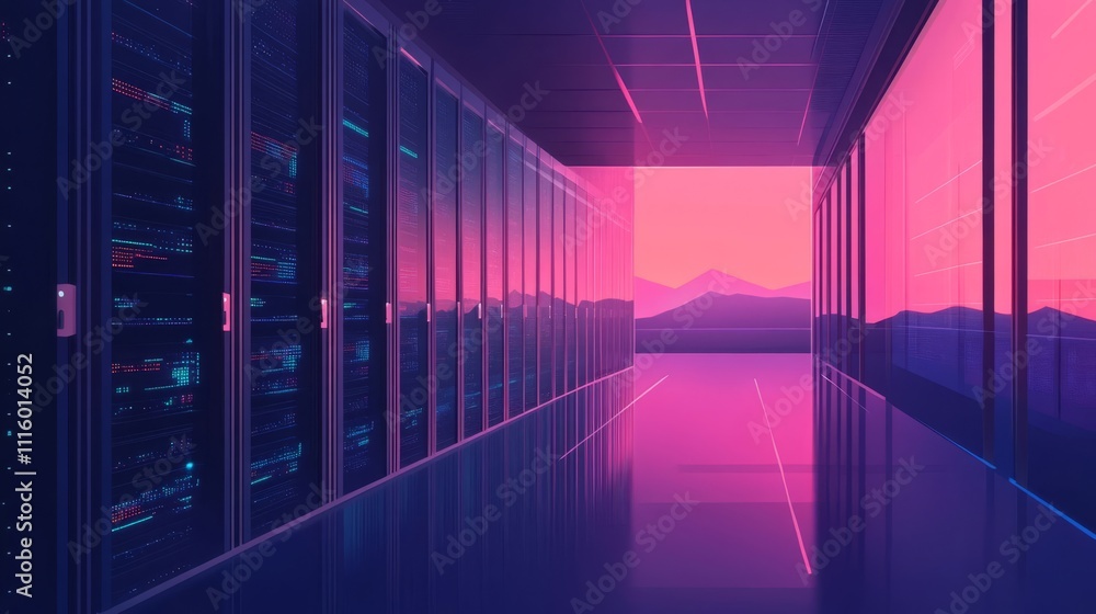 Fototapeta premium 3D rendering of a data center with server racks and a light blue background. Computer mainframe in modern, futuristic technology, a super computer room interior design.