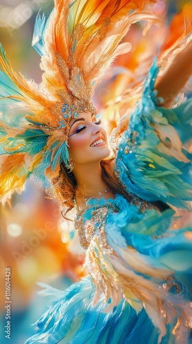 Vibrant performer in colorful costume celebrating at a joyful festival parade