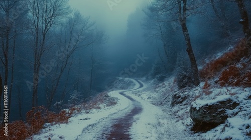 Winter pathway illuminated by lamps in a snowy park during evening fog