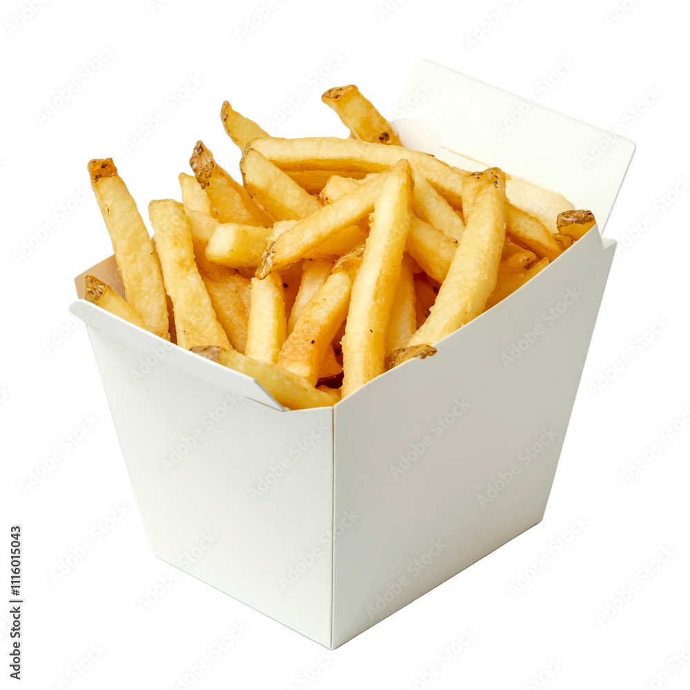 available Delicious french potato fries in a white carton package box, cut out isolated on transparent background. available Delicious french potato fries in a white carton package box, cut out isolated on transparent background.