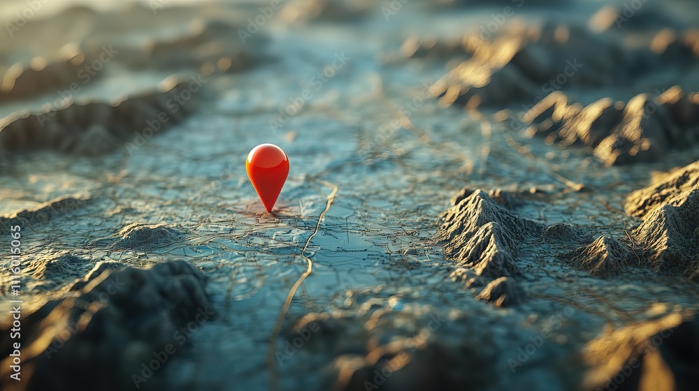 Fototapeta premium Red location pin marker on a detailed topographic map.