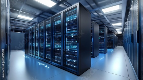 3D rendering of a data center with server racks and a light blue background. Computer mainframe in modern, futuristic technology, a super computer room interior design.