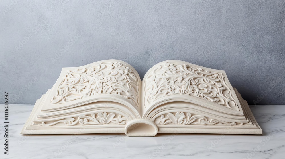 Obraz premium Plaster carving of an open book, symbolic and detailed