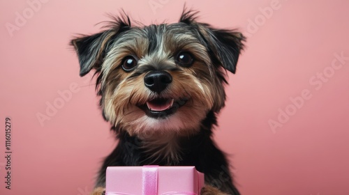Happy dog holding a pink gift with a cheerful expression in front of a pastel...