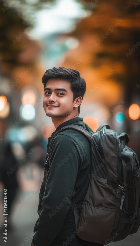 Fototapeta premium Young man smiling in a city with a backpack on his shoulders.