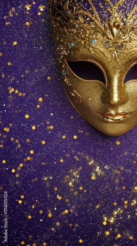 Elegant mask with gold accents against a deep purple background during a fest...
